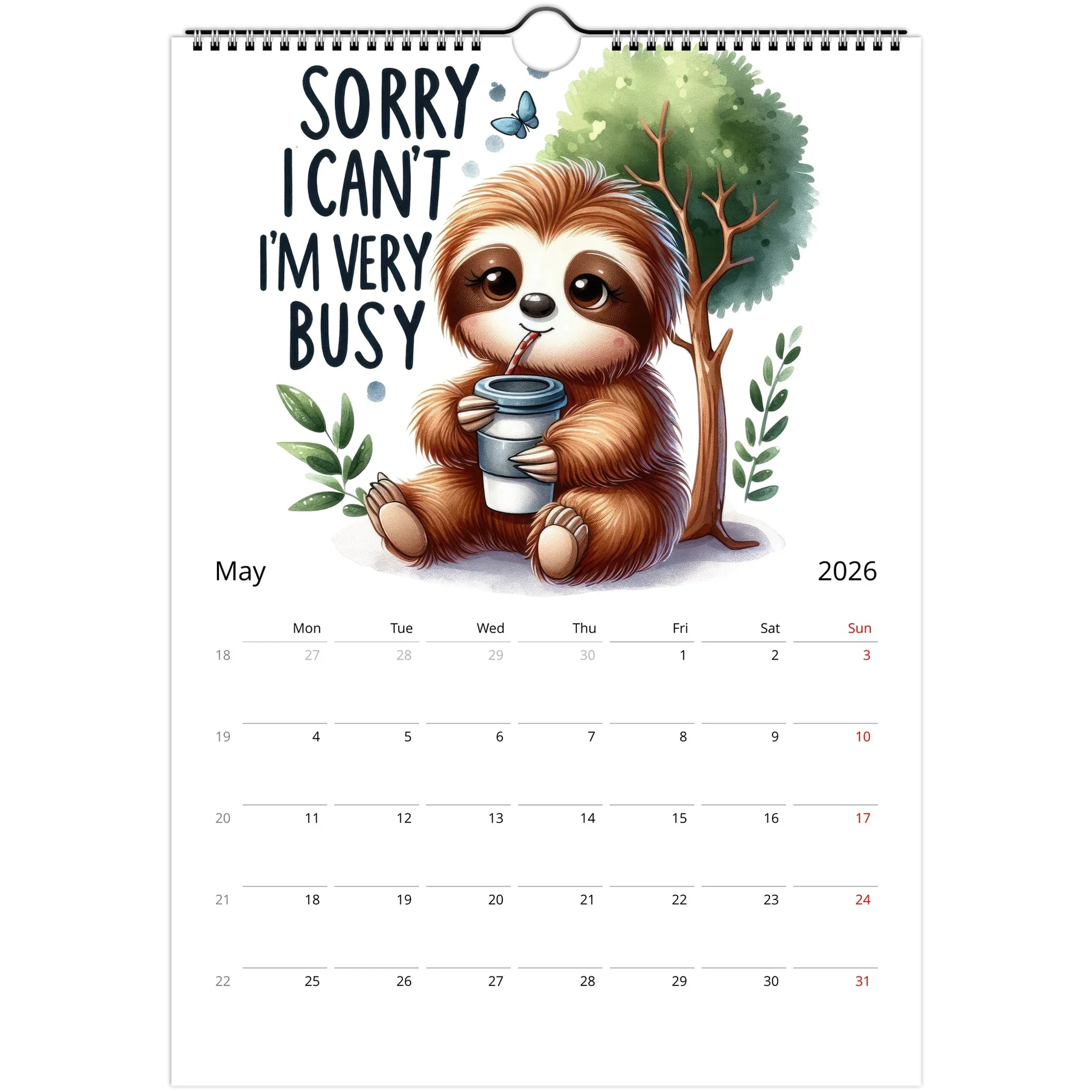 2026 adorable sloth wall calendar with cute sloth illustration and spacious date squares for notes, spiral-bound and ready to hang