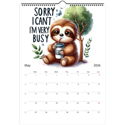 2026 adorable sloth wall calendar with cute sloth illustration and spacious date squares for notes, spiral-bound and ready to hang