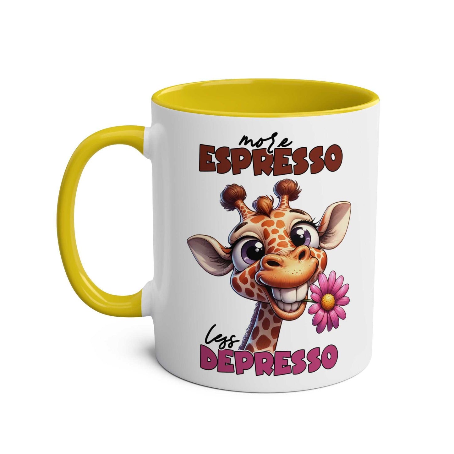 More Expresso Coffee Mug with giraffe design and quirky message, ceramic, 11oz size, yellow handle.