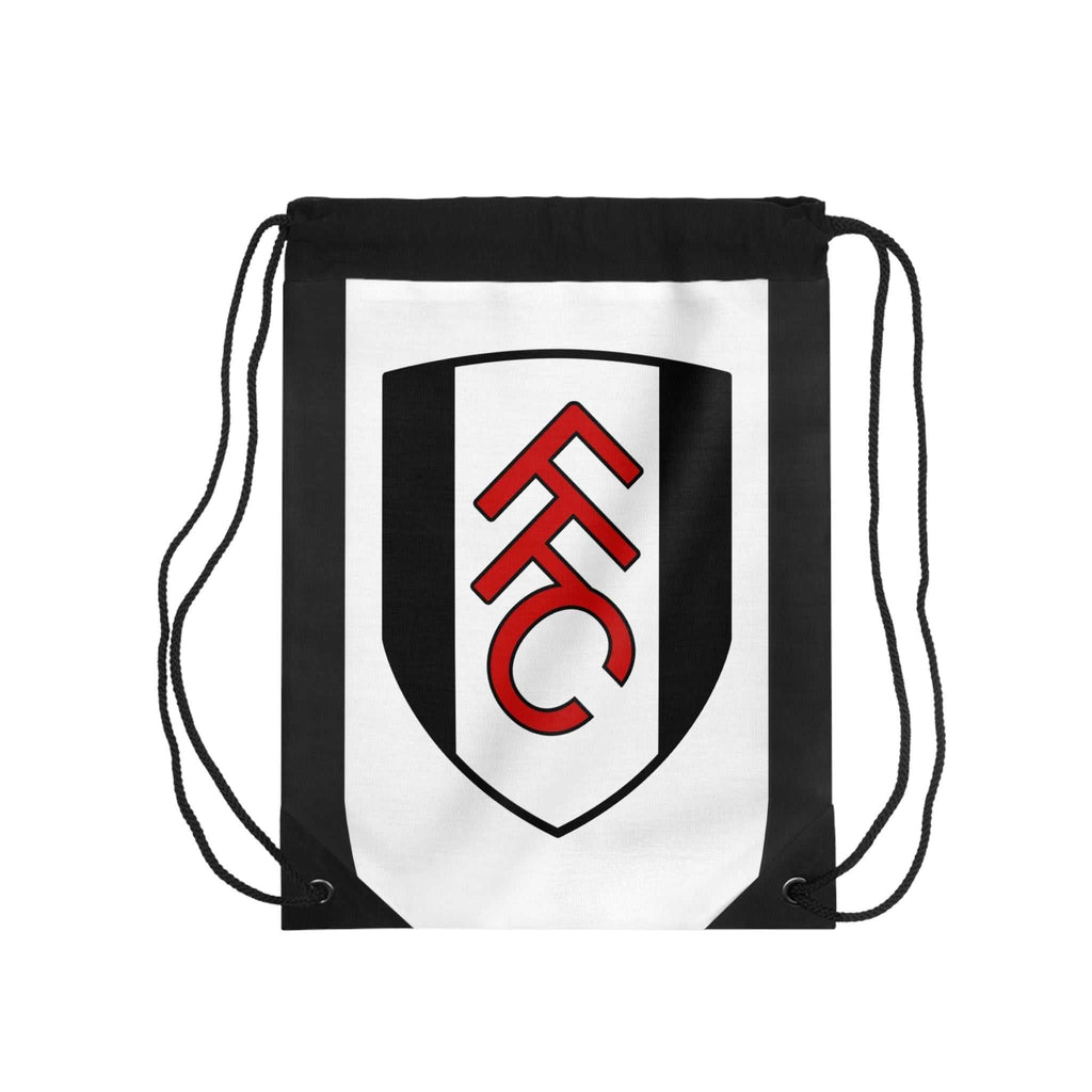 Fulham FC drawstring bag in black and white with club crest, lightweight polyester, durable and spacious for gym, travel, and everyday use