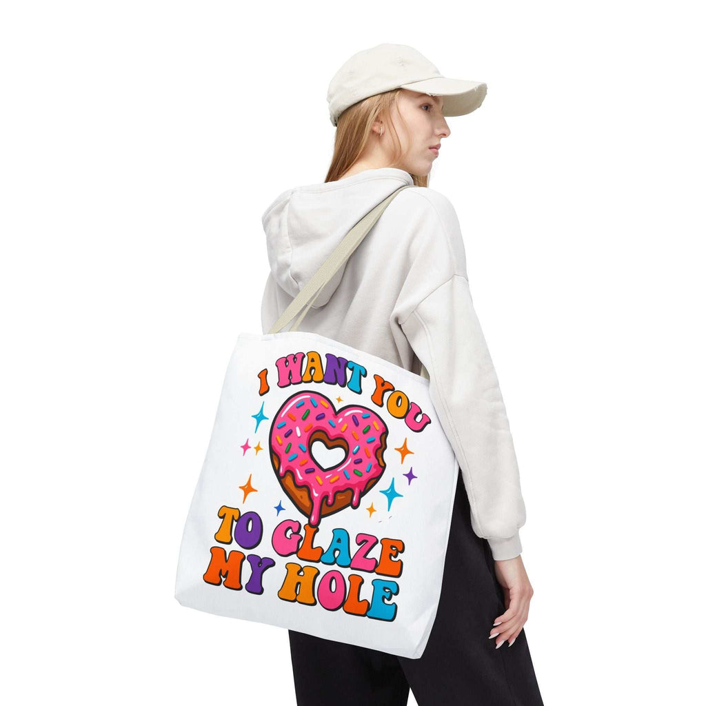 Glaze My Hole Donut Tote Bag with cheeky donut design and colorful handles