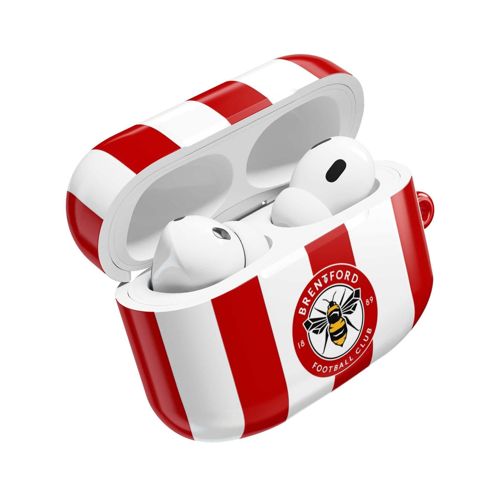 Brentford FC AirPods protective case with red and white stripes and team bee crest