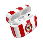 Brentford FC AirPods protective case with red and white stripes and team bee crest