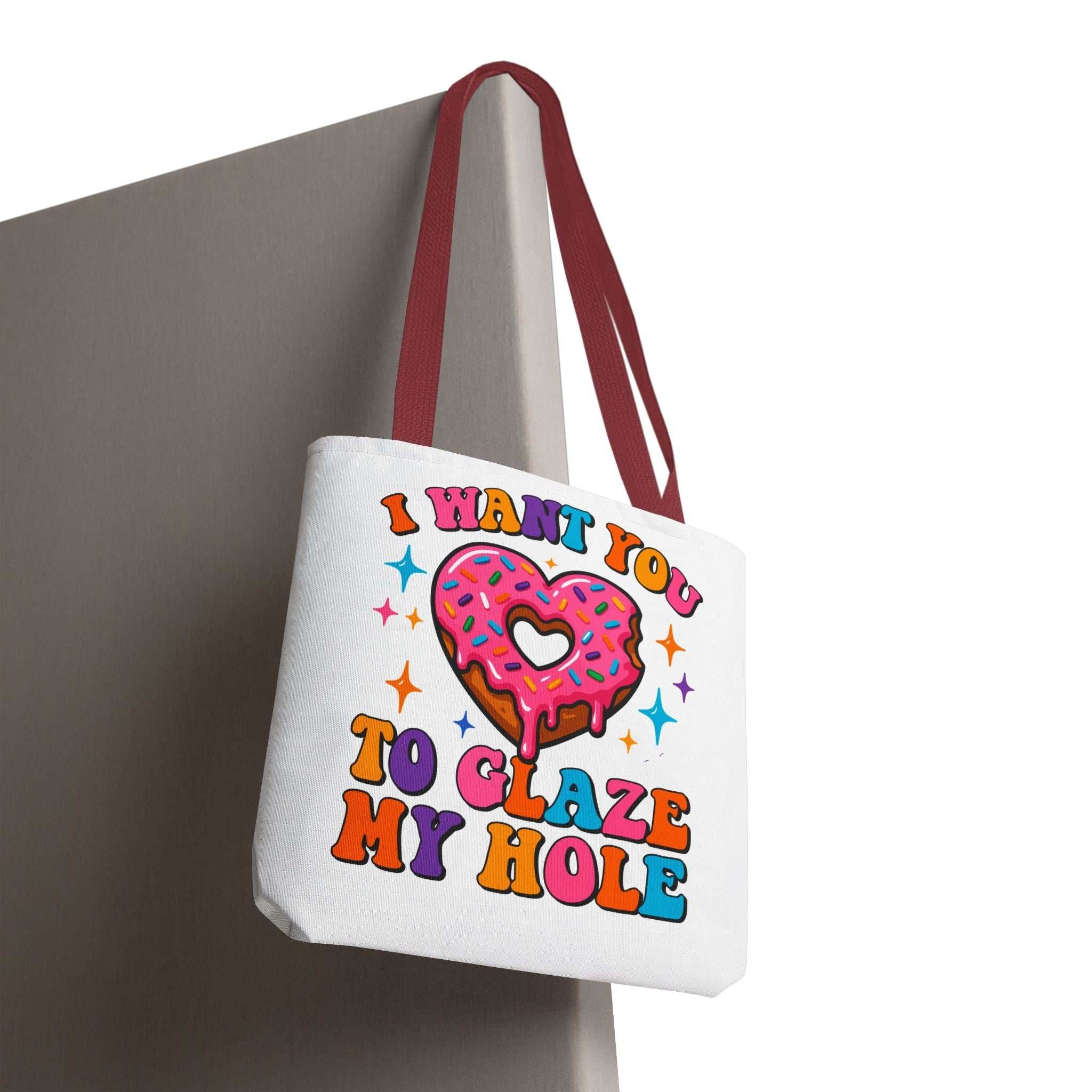 Glaze My Hole Donut Tote Bag with cheeky donut design and cotton straps