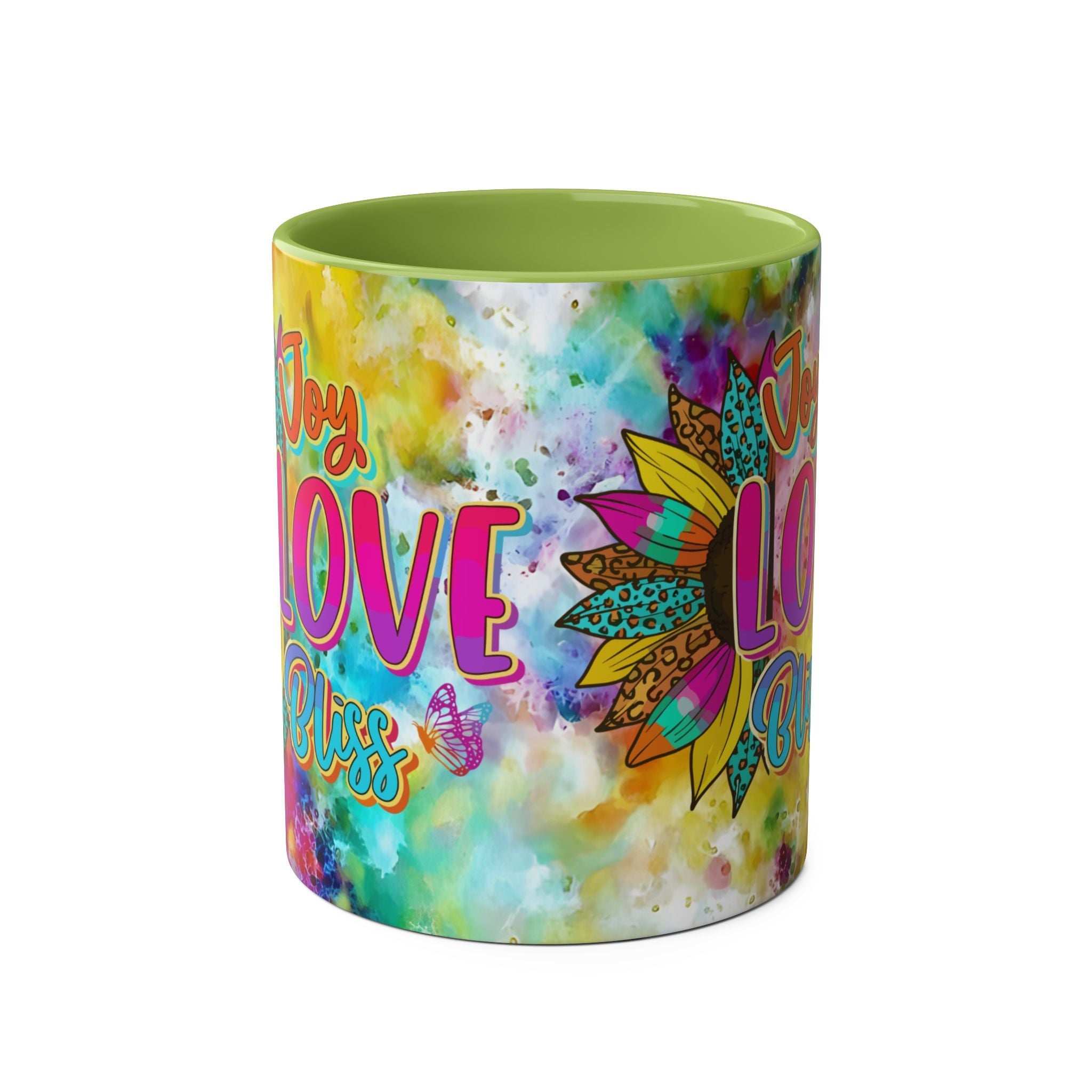LGBTQ+ Pride mug with vibrant rainbow design and glossy finish.