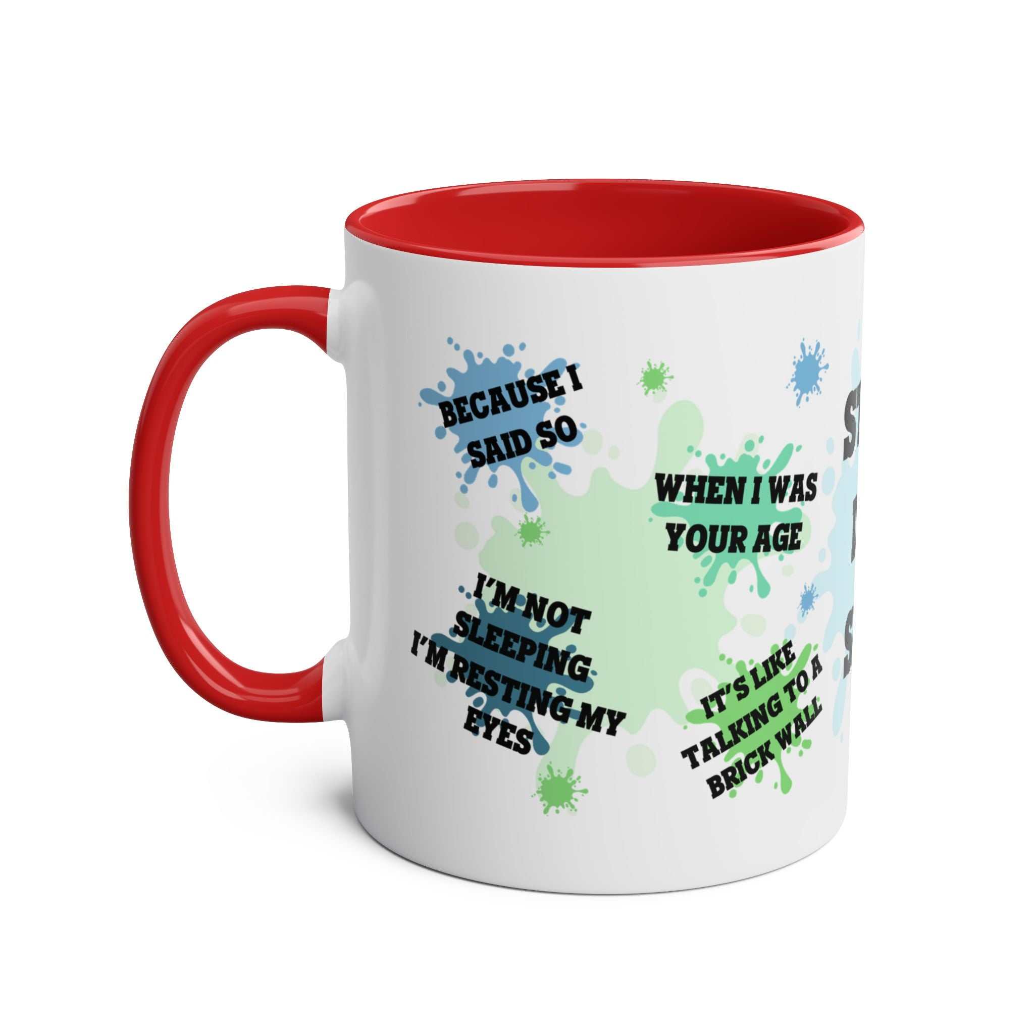 Fathers Day Gift Mug with playful quotes and red handle.