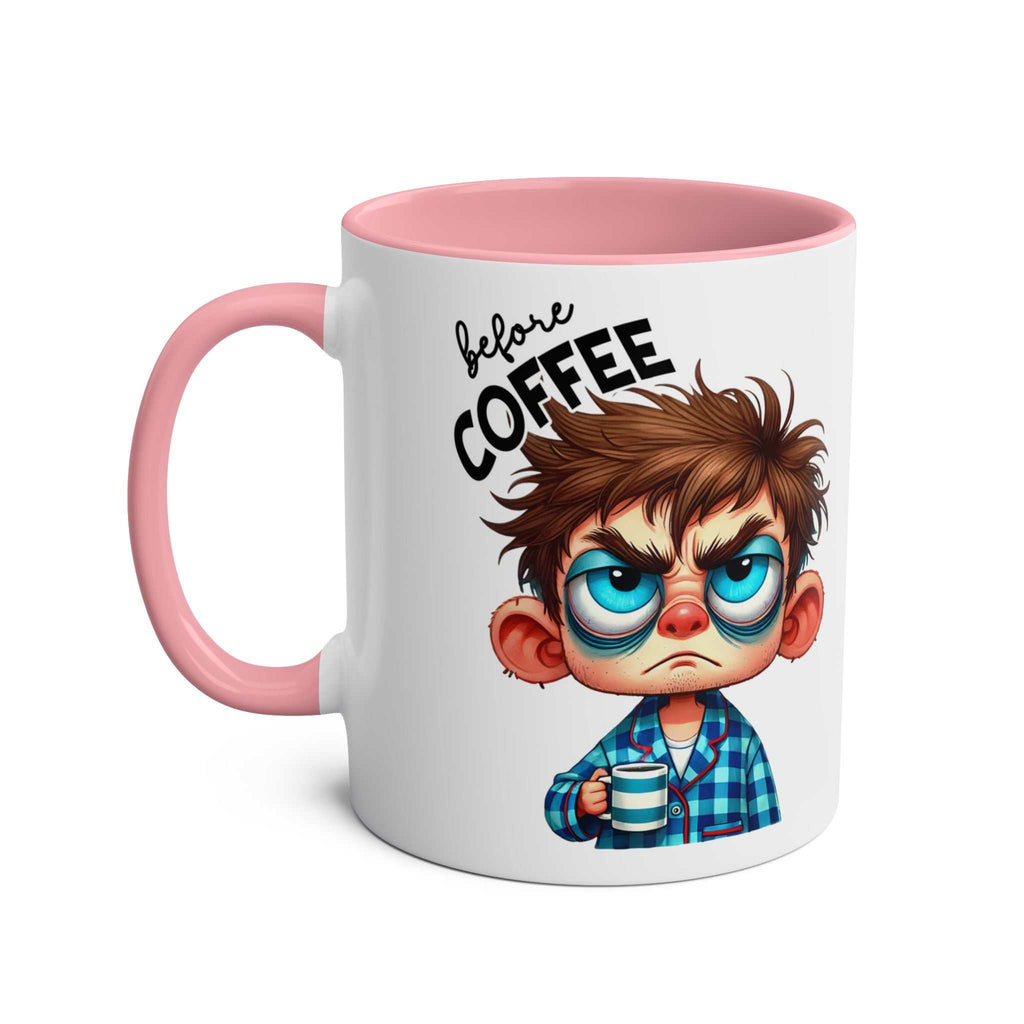 Fun sarcastic coffee mug with grumpy character illustration, pink handle and interior.