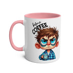 Fun sarcastic coffee mug with grumpy character illustration, pink handle and interior.