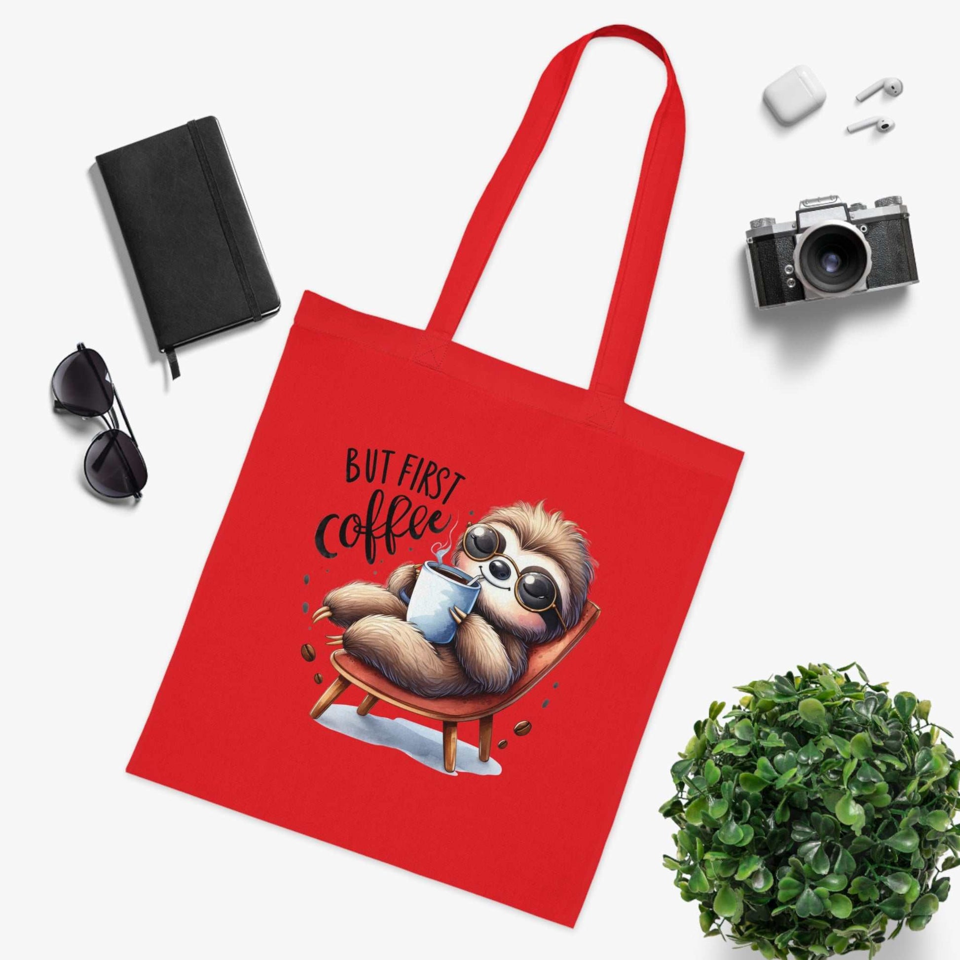 Cute sloth tote bag with colorful design, ideal for sloth lovers; 100% cotton, perfect for shopping or everyday use.