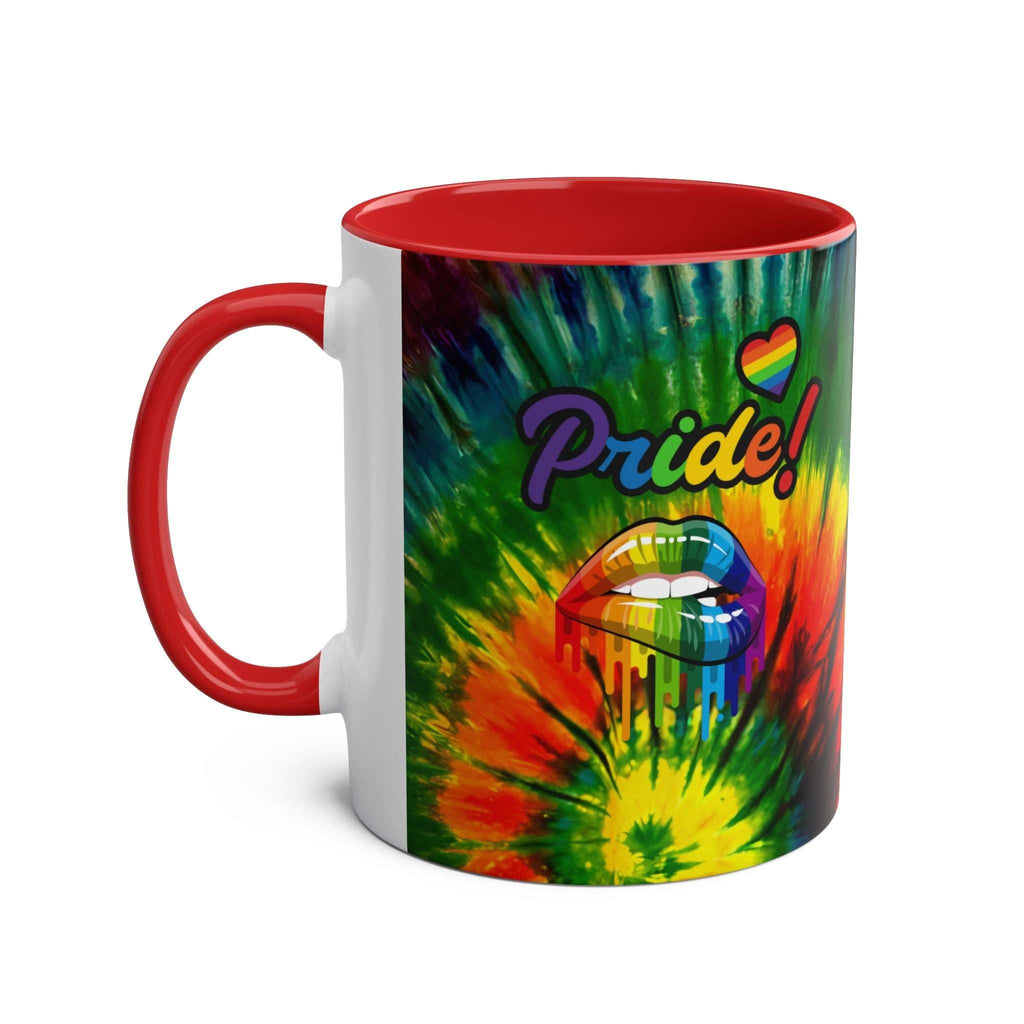 LGBTQ+ Pride mug with vibrant rainbow design, ceramic, glossy finish.
