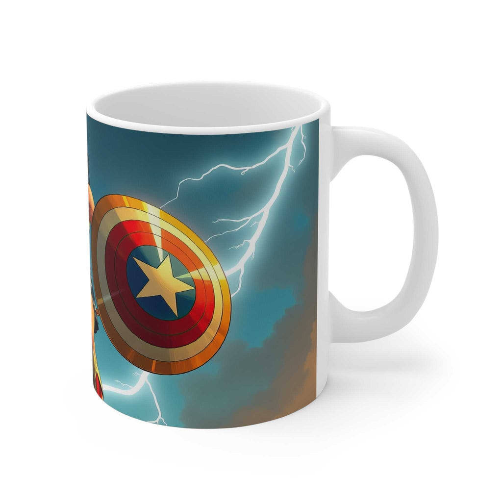 White ceramic mug featuring a Wonder Woman inspired superhero design with lightning background and glossy finish