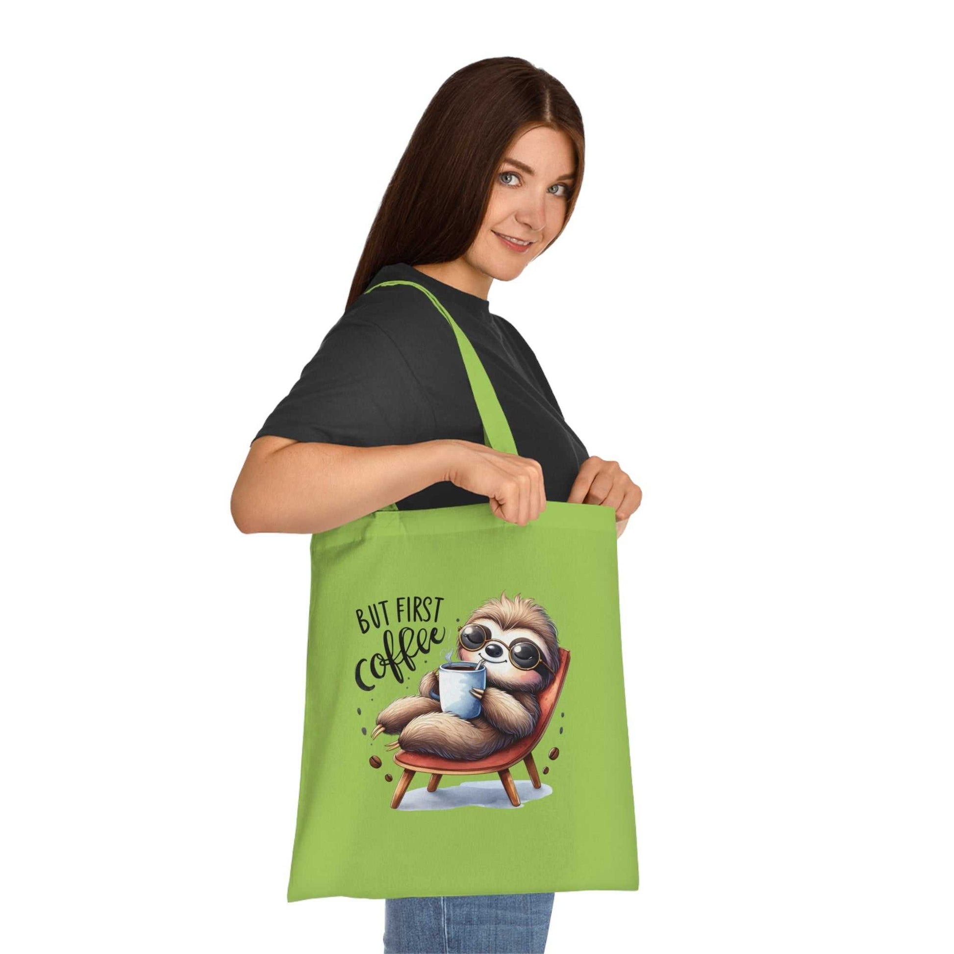 Cotton tote bag with cute sloth design, perfect for essentials, vibrant colors, and playful style.