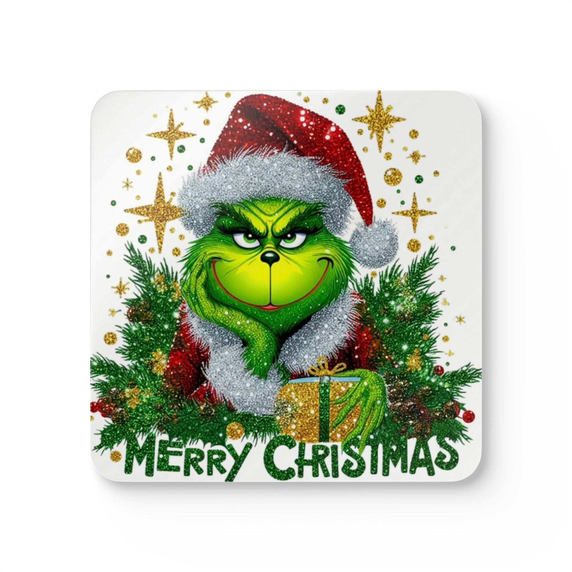 Grinch Merry Christmas coaster with festive design and cork backing.