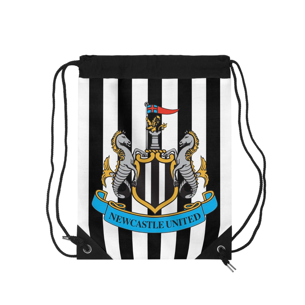 Newcastle United drawstring bag with black and white stripes, club crest, lightweight polyester, reinforced corners, and spacious interior for gym or school use.