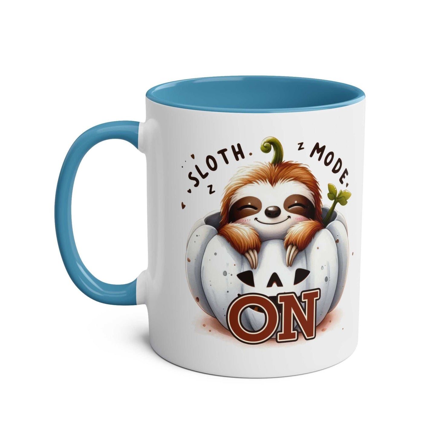 Cute sloth coffee mug with "Sloth Mode On" design, blue handle, and interior.