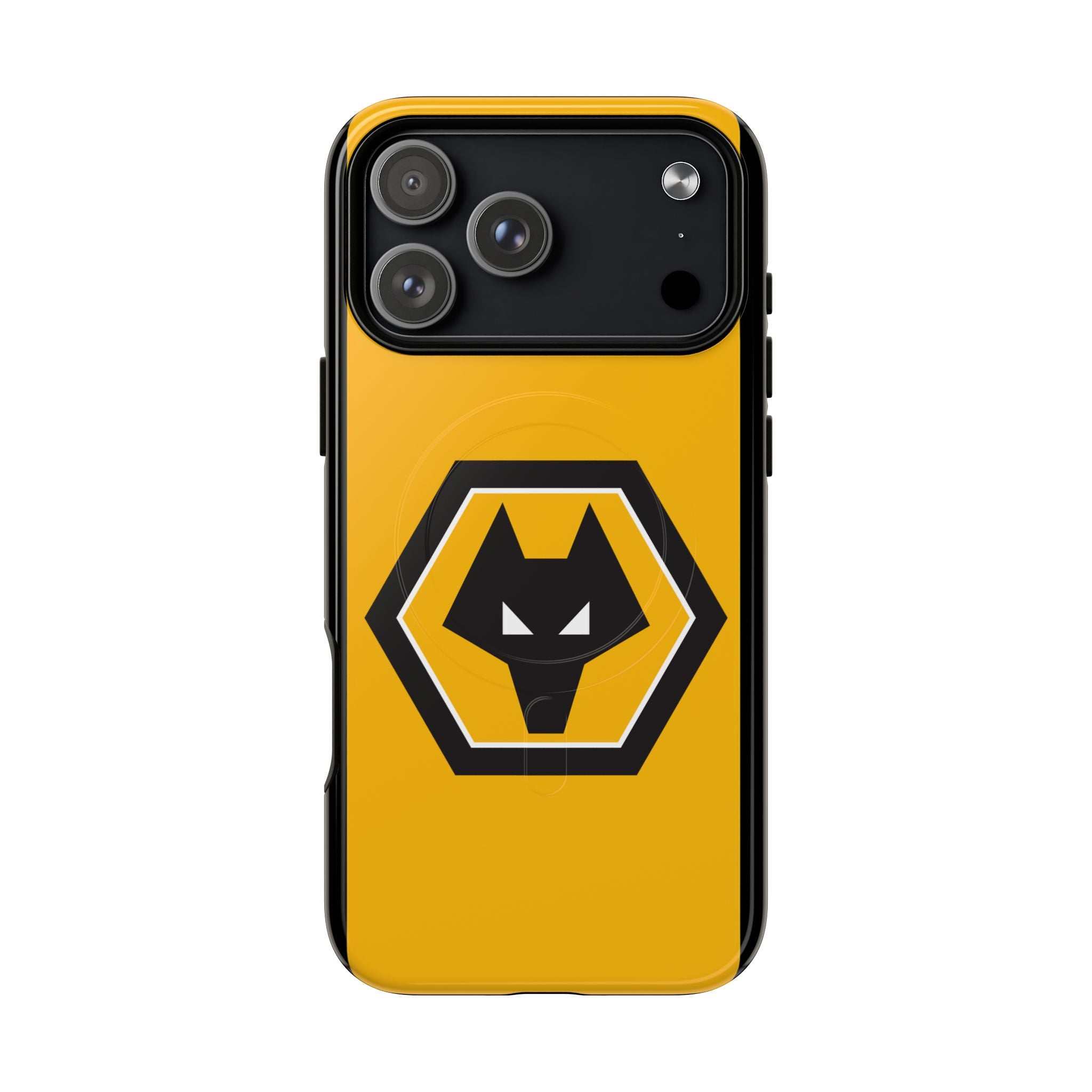 Wolves FC MagSafe iPhone case in gold and black with wolf crest, dual-layer protection, and MagSafe compatibility