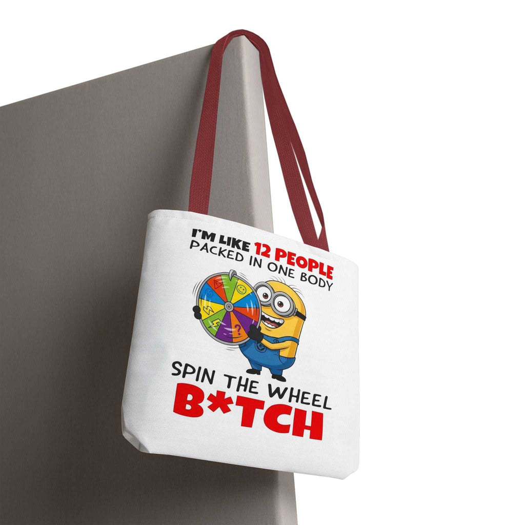 Funny Minion tote bag with cheeky design, durable polyester, multiple sizes and handle colors