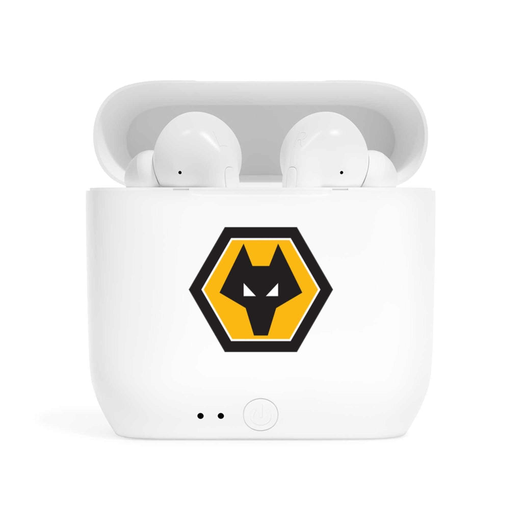 Wolves Fc wireless earbuds with charging case and fan-inspired club crest design
