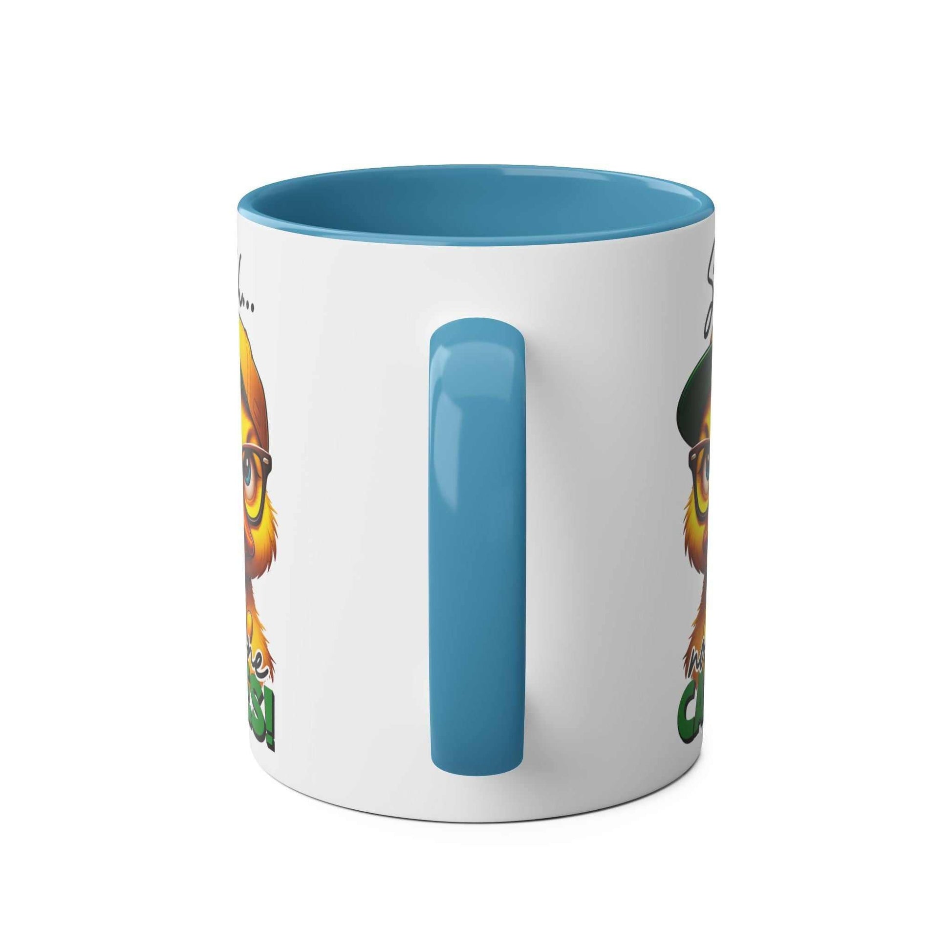 No One Cares Coffee Mug with sarky duck design and "shhh" message, blue interior.