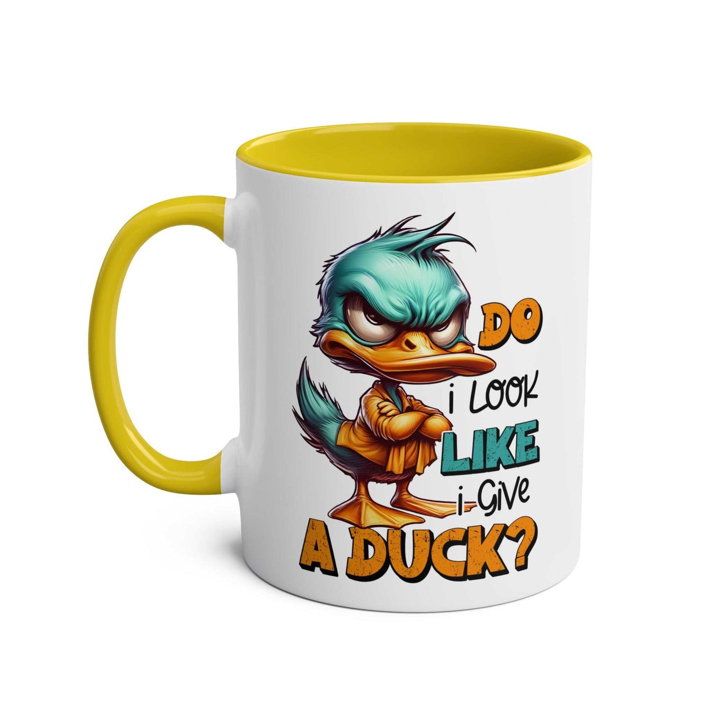 Quirky duck design coffee mug with playful artwork and yellow interior, 11oz ceramic, "Give A Duck Coffee Mug".