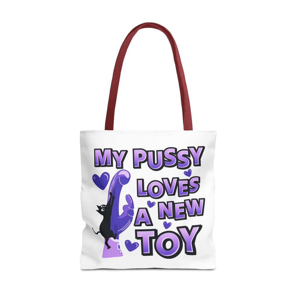 Cheeky fun cat toy tote bag with colorful handles, durable spun polyester, and playful design for everyday use