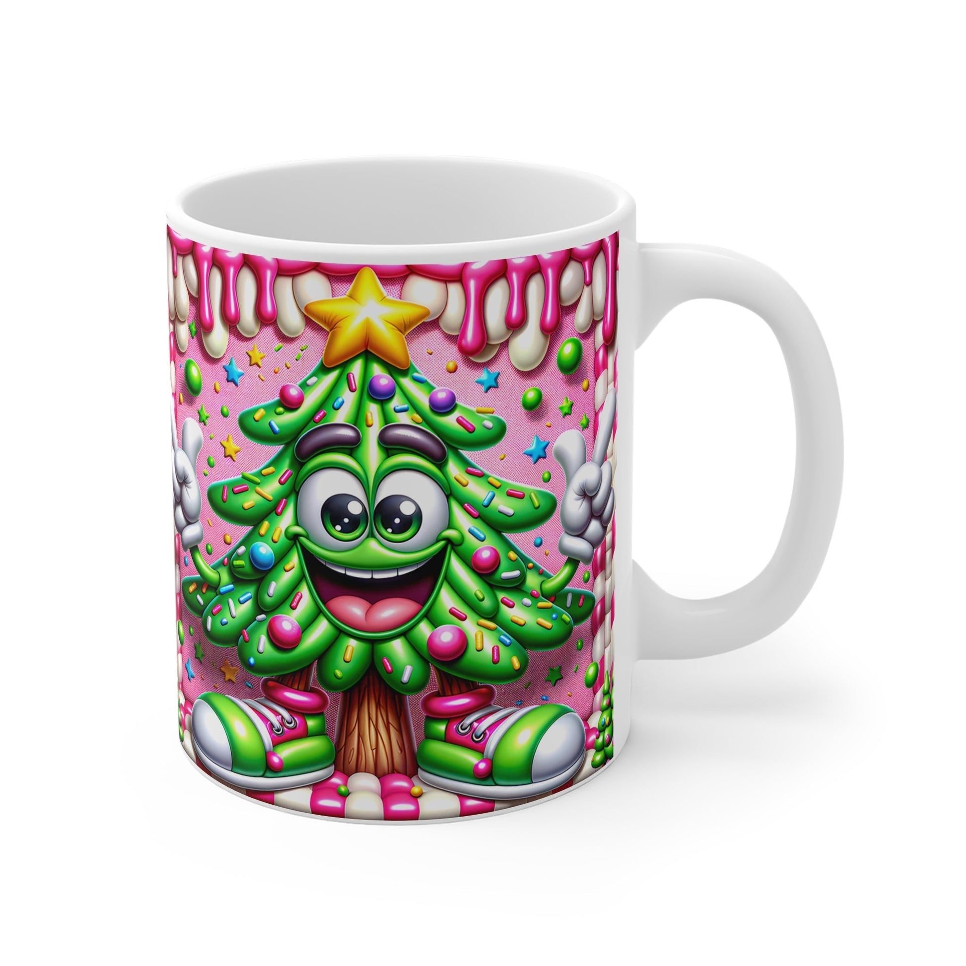 Cute Christmas mug with festive tree design, 11oz ceramic, glossy finish, microwave and dishwasher safe.