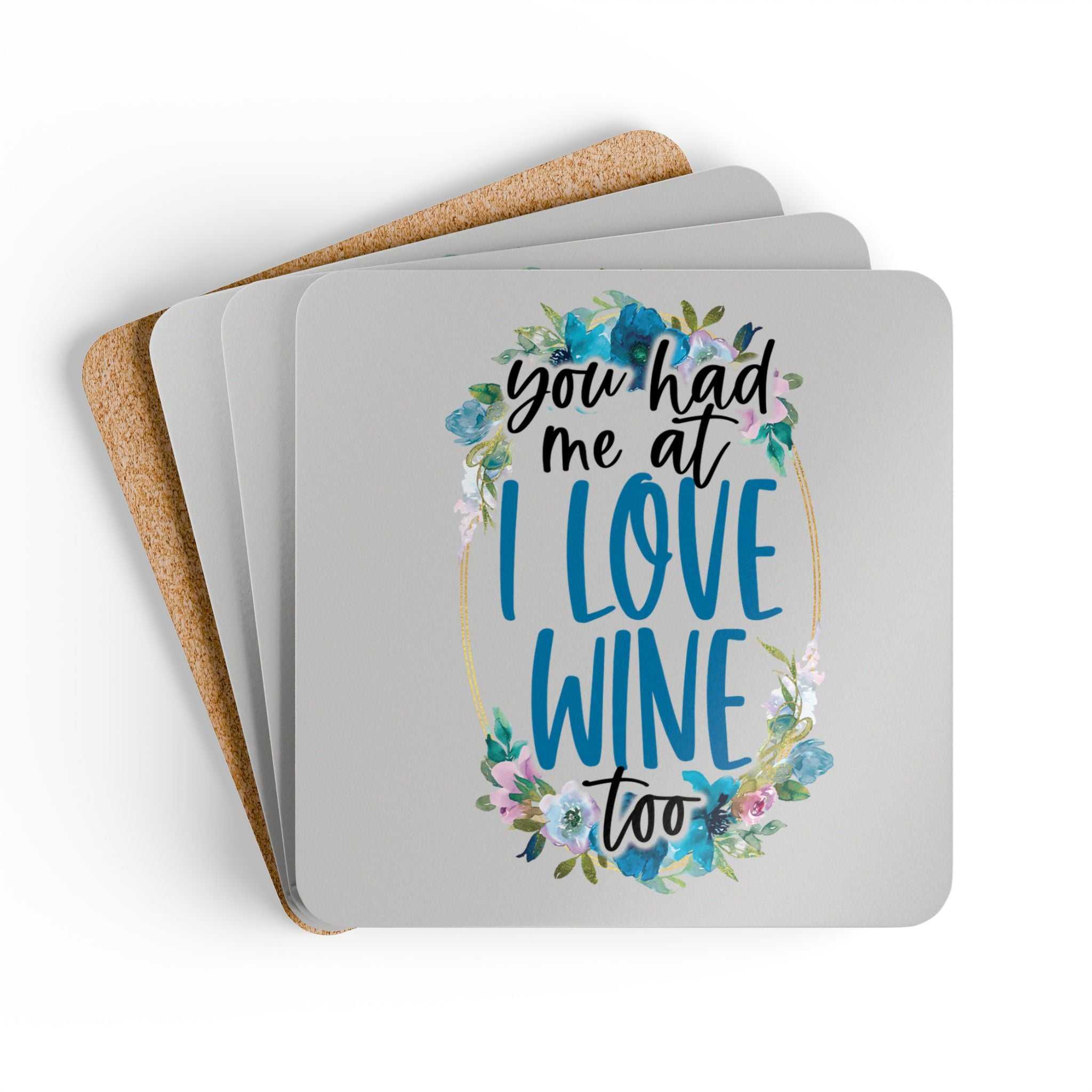 Love Wine Coaster Set with playful design, high-gloss MDF top, cork back, non-slip, water-repellent 4-piece set.