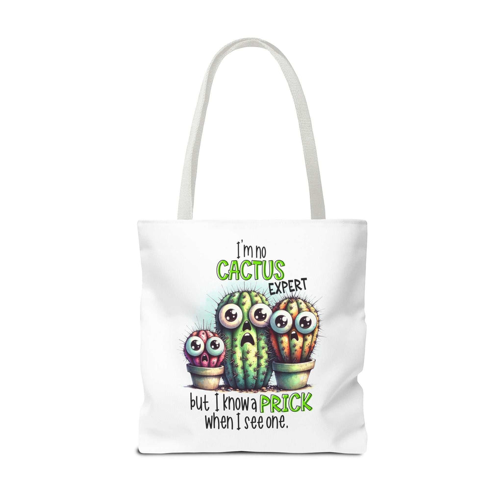Fun cactus tote bag with cheeky design, available in three sizes and multiple handle colors, made from durable spun polyester.