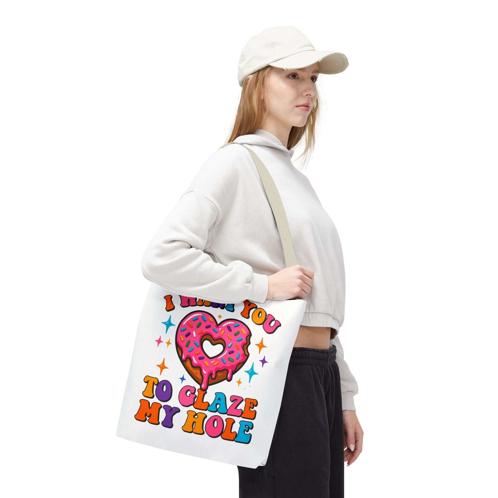 Glaze My Hole Donut Tote Bag with cheeky donut print and colorful handles, durable and reusable tote for fun, casual use