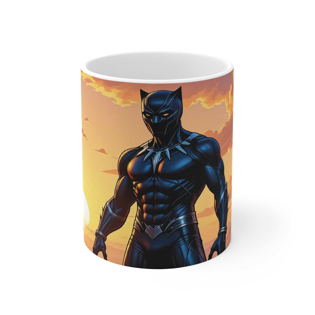 Ceramic mug with vibrant Black Panther superhero design against a sunset background, 11oz, glossy finish.