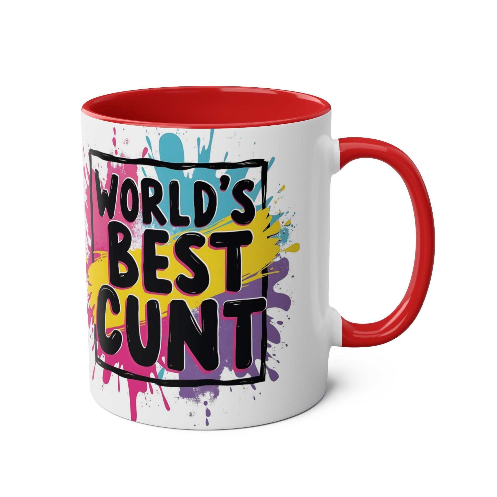 Cheeky rude ceramic two-tone mug with playful design, red interior, and handle.