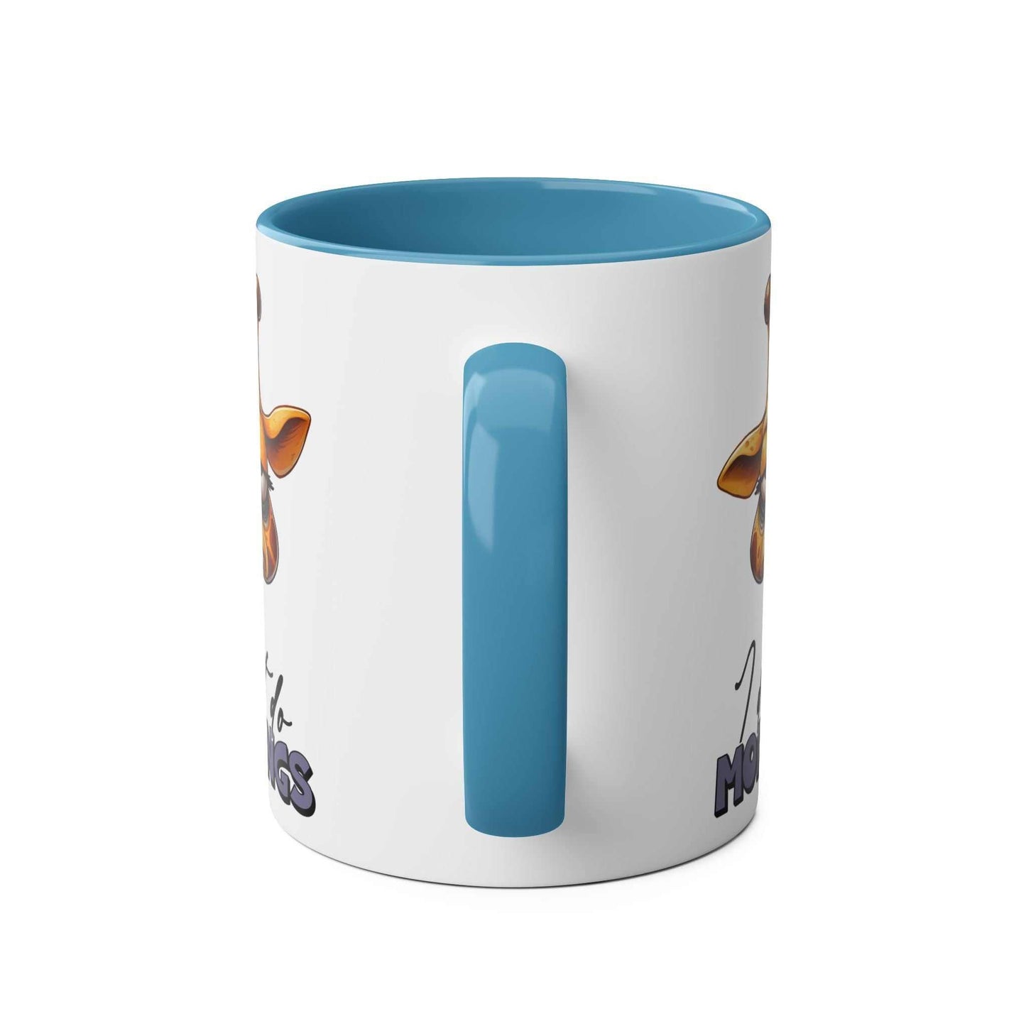 Dont Do Mornings Coffee Mug with giraffe design and blue handle, 11oz ceramic, microwave and dishwasher safe.