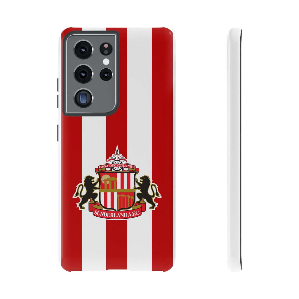 Sunderland FC magnetic Samsung phone case in red and white with shock-absorbing dual layers and wireless charging compatibility