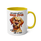 High Five Coffee Mug with snarky dog graphic and yellow handle, 11oz ceramic, glossy finish.