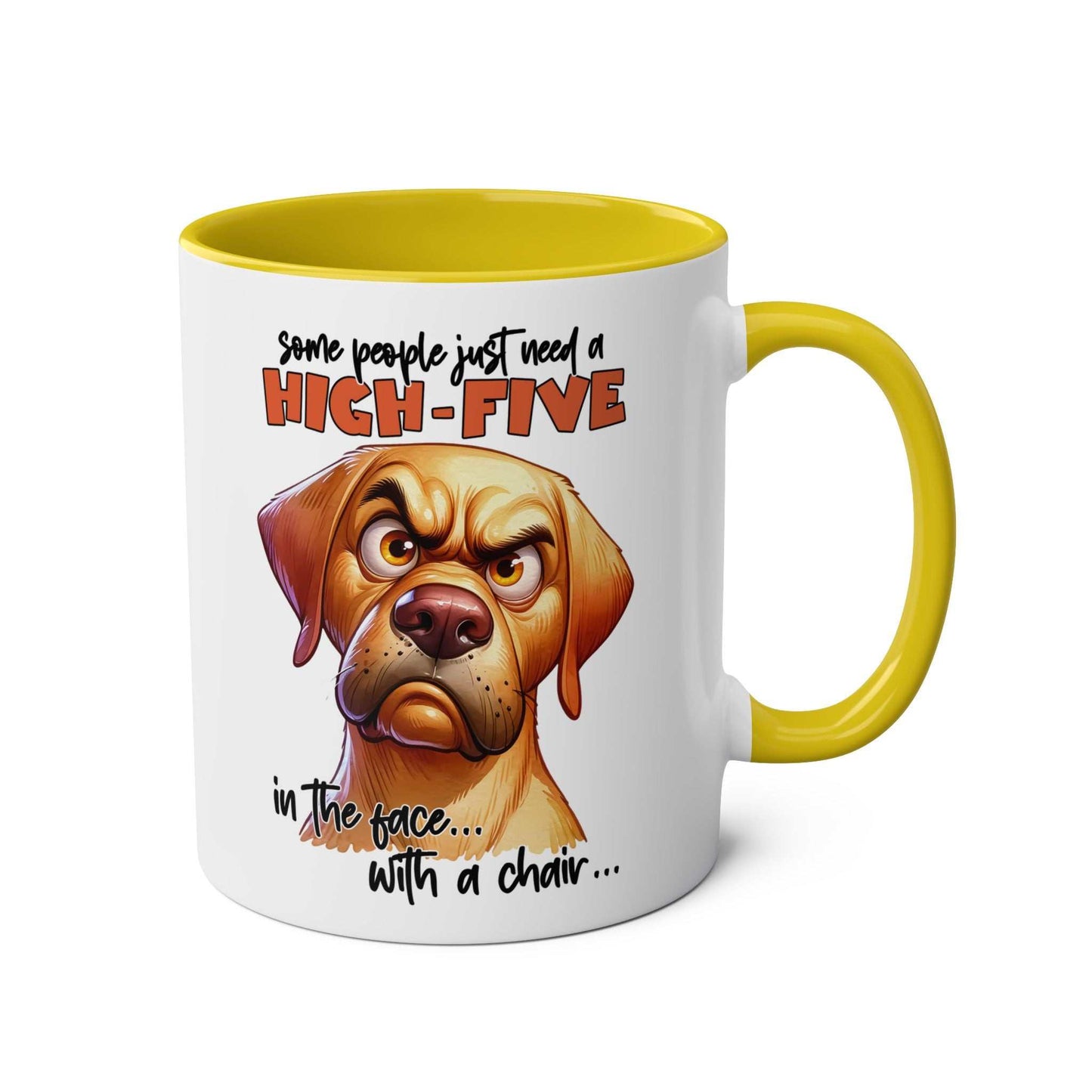 High Five Coffee Mug with snarky dog graphic and yellow handle, 11oz ceramic, glossy finish.