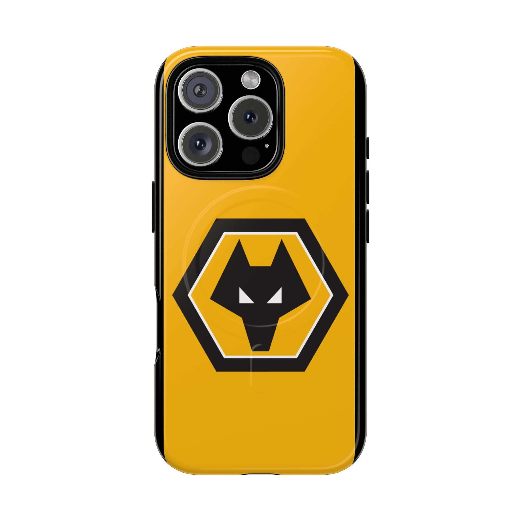 Wolves FC MagSafe iPhone case with gold and black Wolves logo, dual-layer protective design with MagSafe compatibility