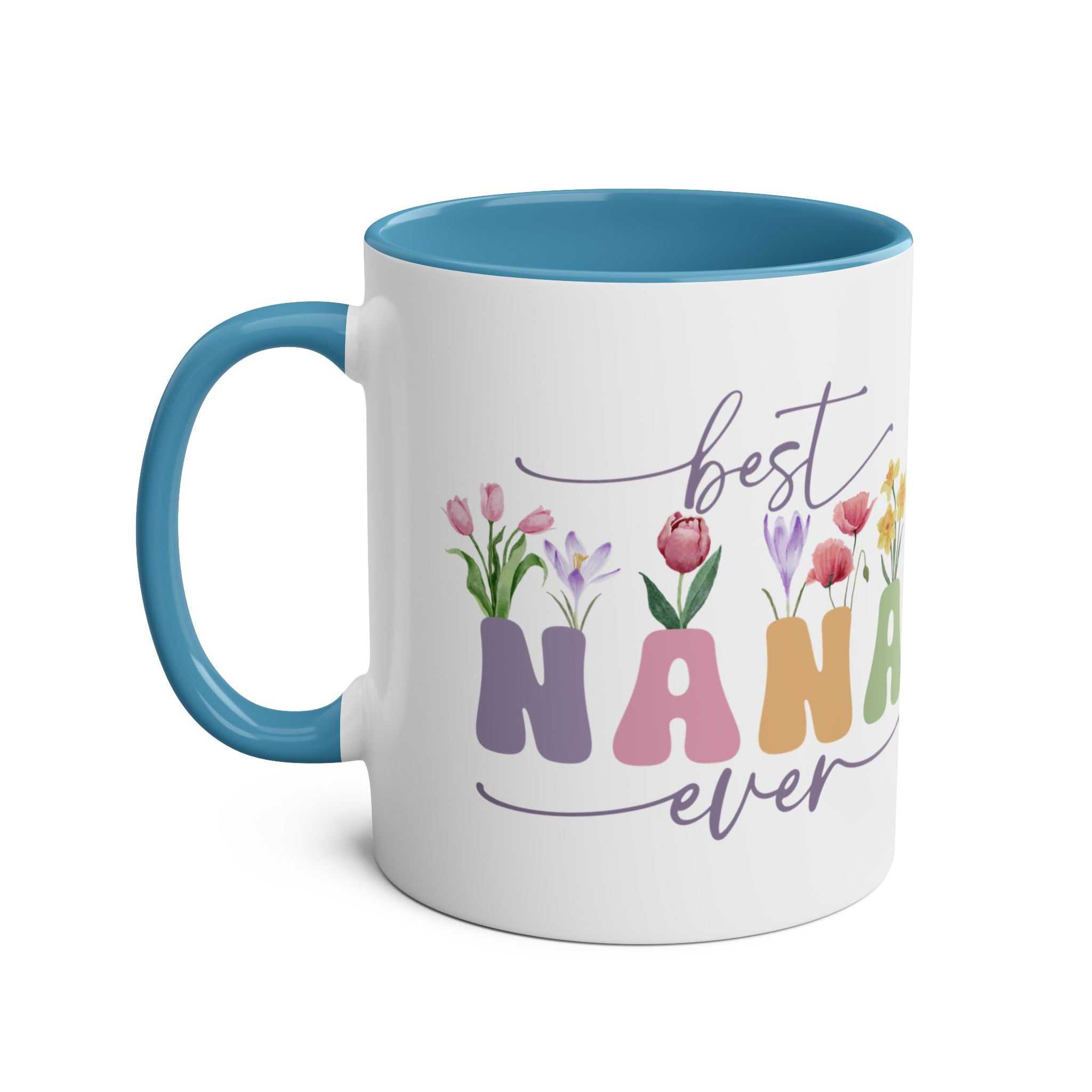 Best Nana Ever Mother's Day gift mug with floral design and blue handle.