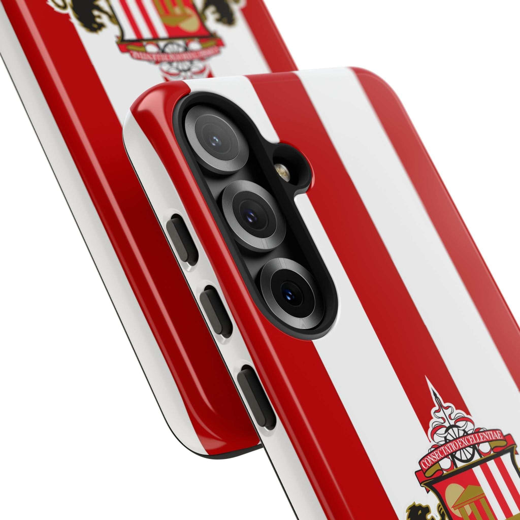 Sunderland FC Samsung phone case with magnetic design, red and white colors, and shock-absorbing dual layers.