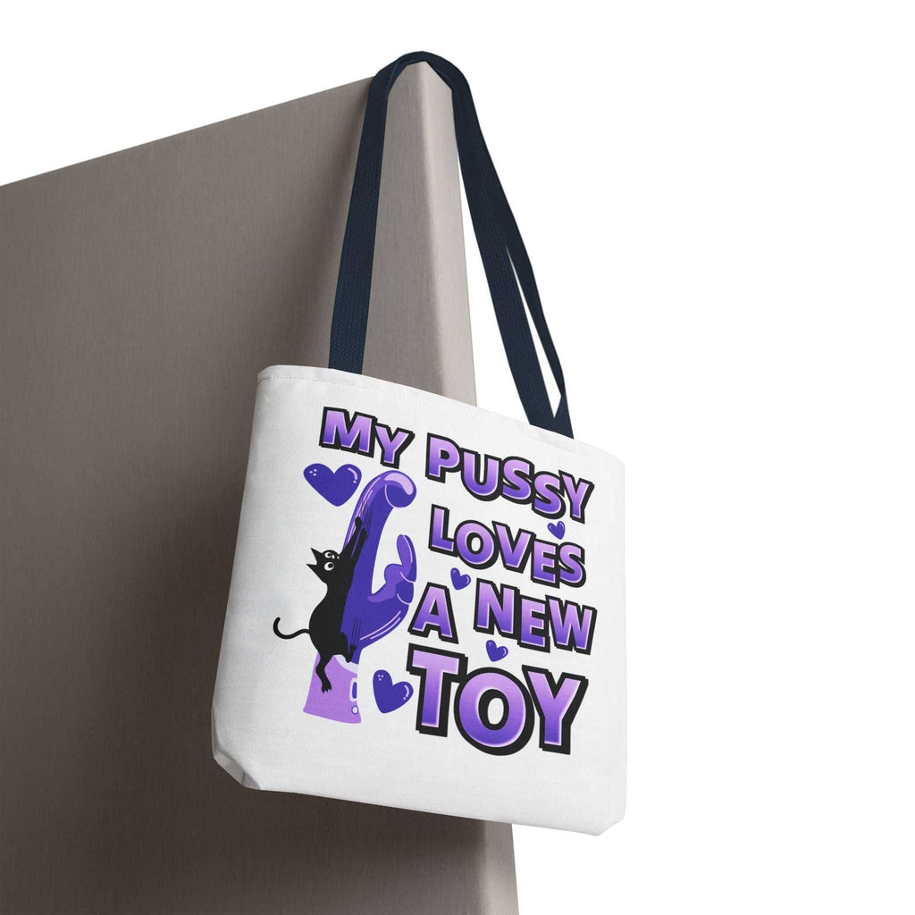 Cheeky fun cat toy tote bag with durable spun polyester and multiple handle color options