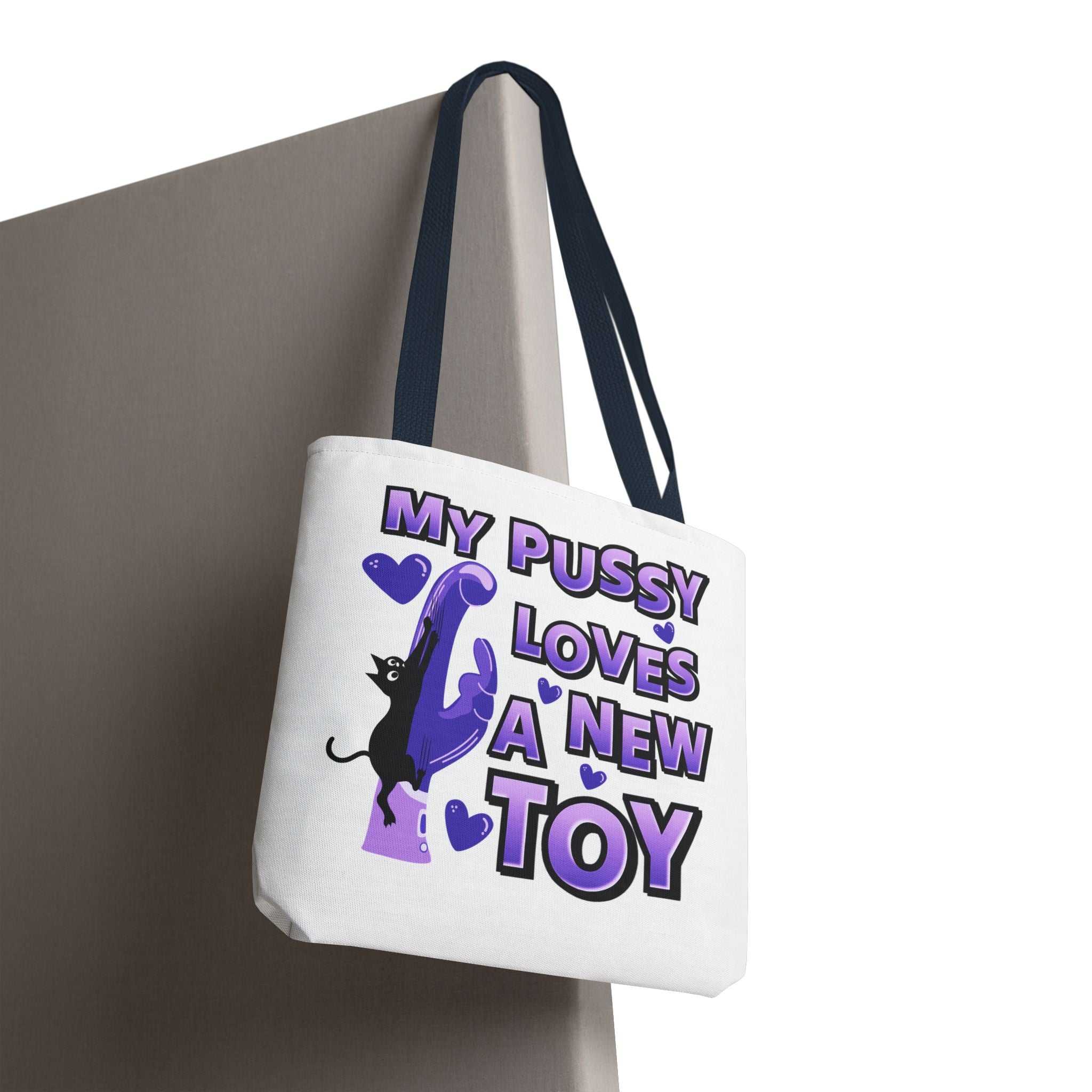 Cheeky fun cat toy tote bag with durable spun polyester and multiple handle color options