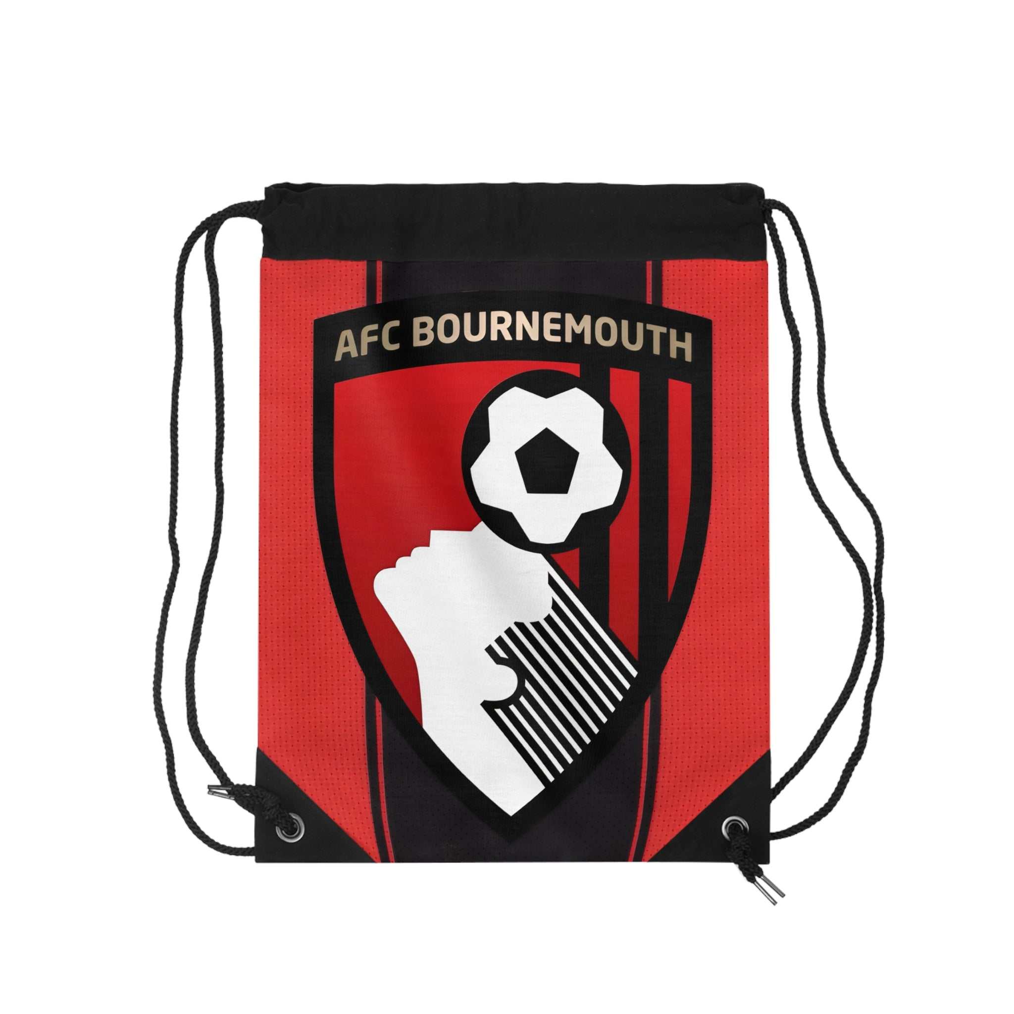 AFC Bournemouth drawstring bag with red and black stripes and club crest, lightweight polyester, durable, spacious interior, and metal grommets closure.