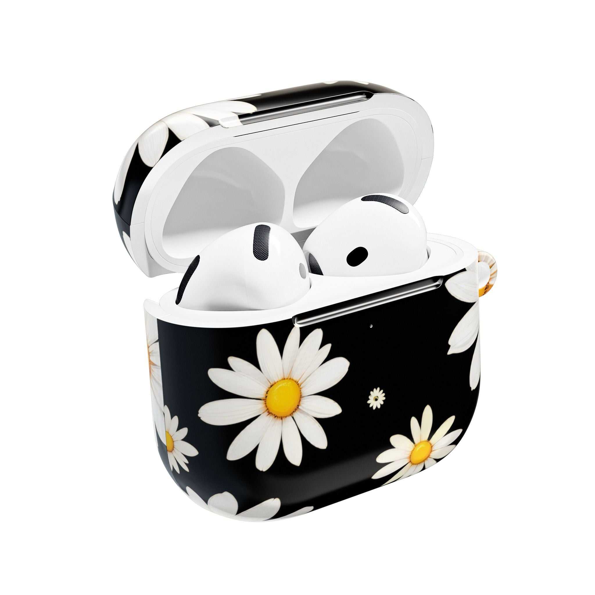 Black Daises AirPods protective hard shell case with daisy flower design and glossy finish