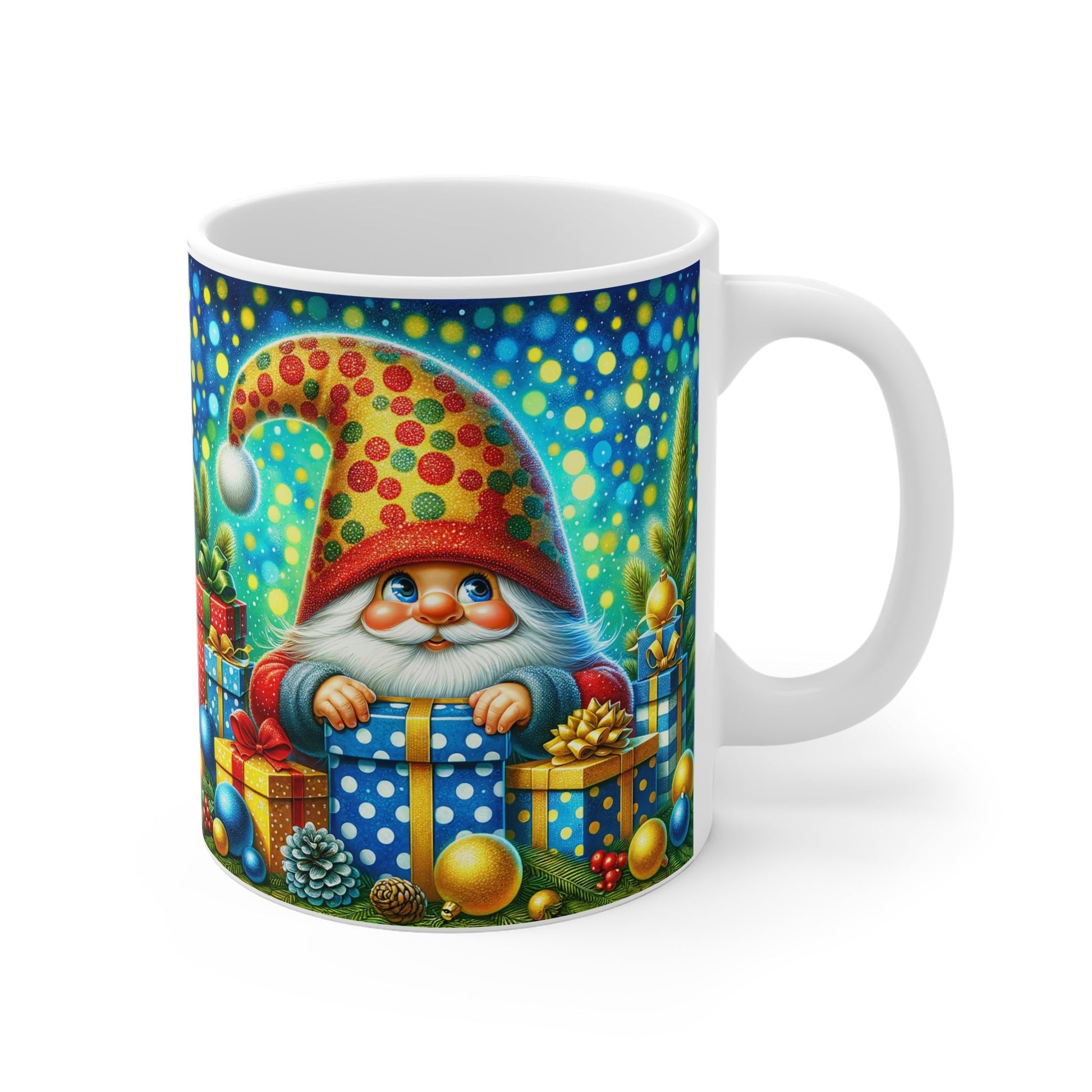 Cute gnome Christmas mug with festive design, perfect for holiday drinks.