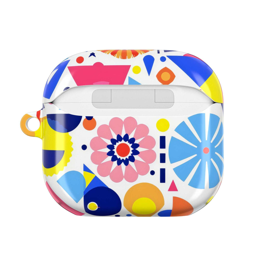 Bright geometric print protective hard shell case for AirPods and AirPods Pro with vibrant colors and glossy finish