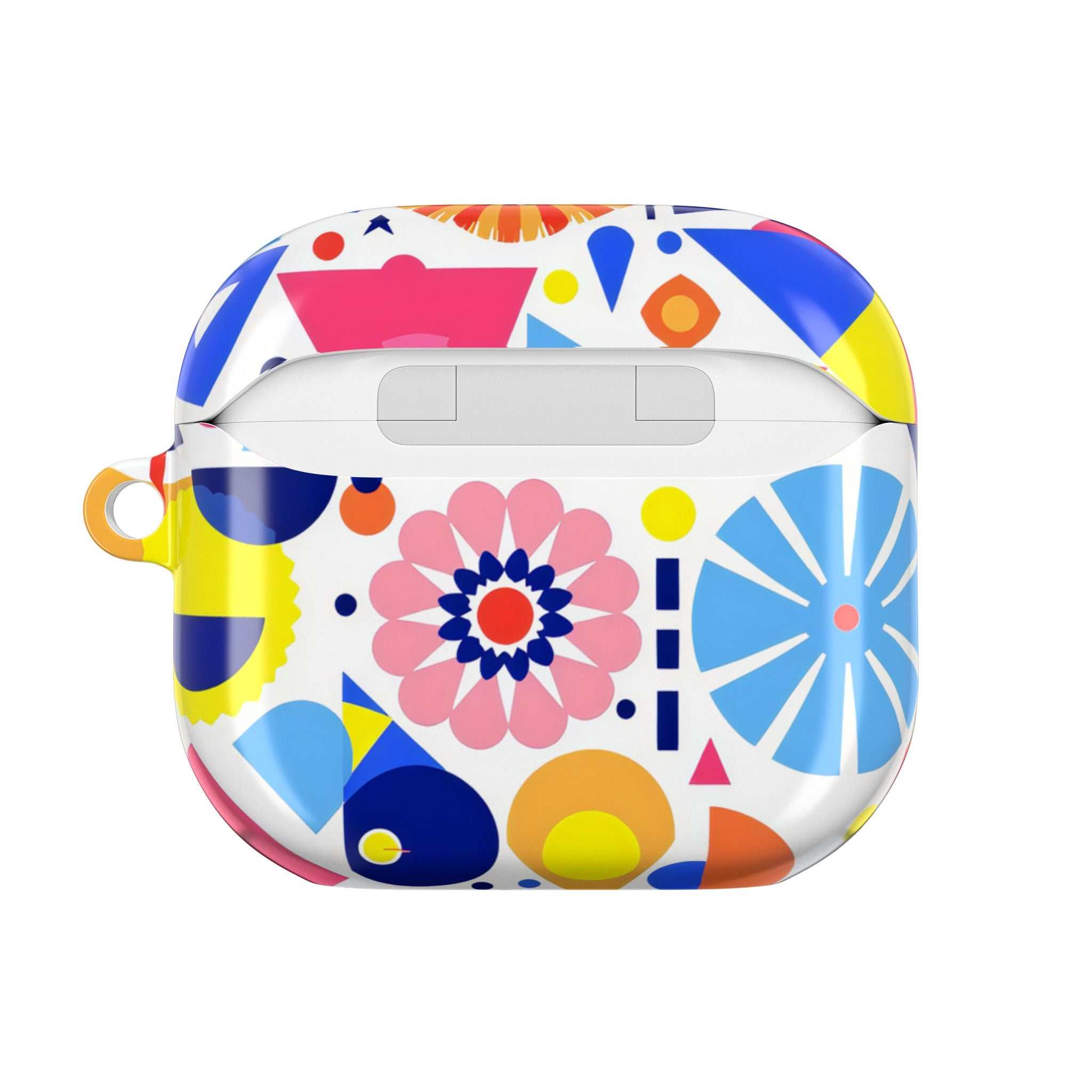 Bright geometric print protective hard shell case for AirPods and AirPods Pro with vibrant colors and glossy finish