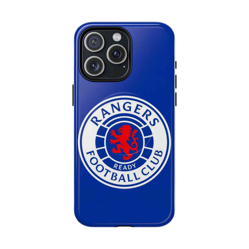 Rangers FC MagSafe iPhone case in royal blue with club crest, dual-layer protection and wireless charging compatibility