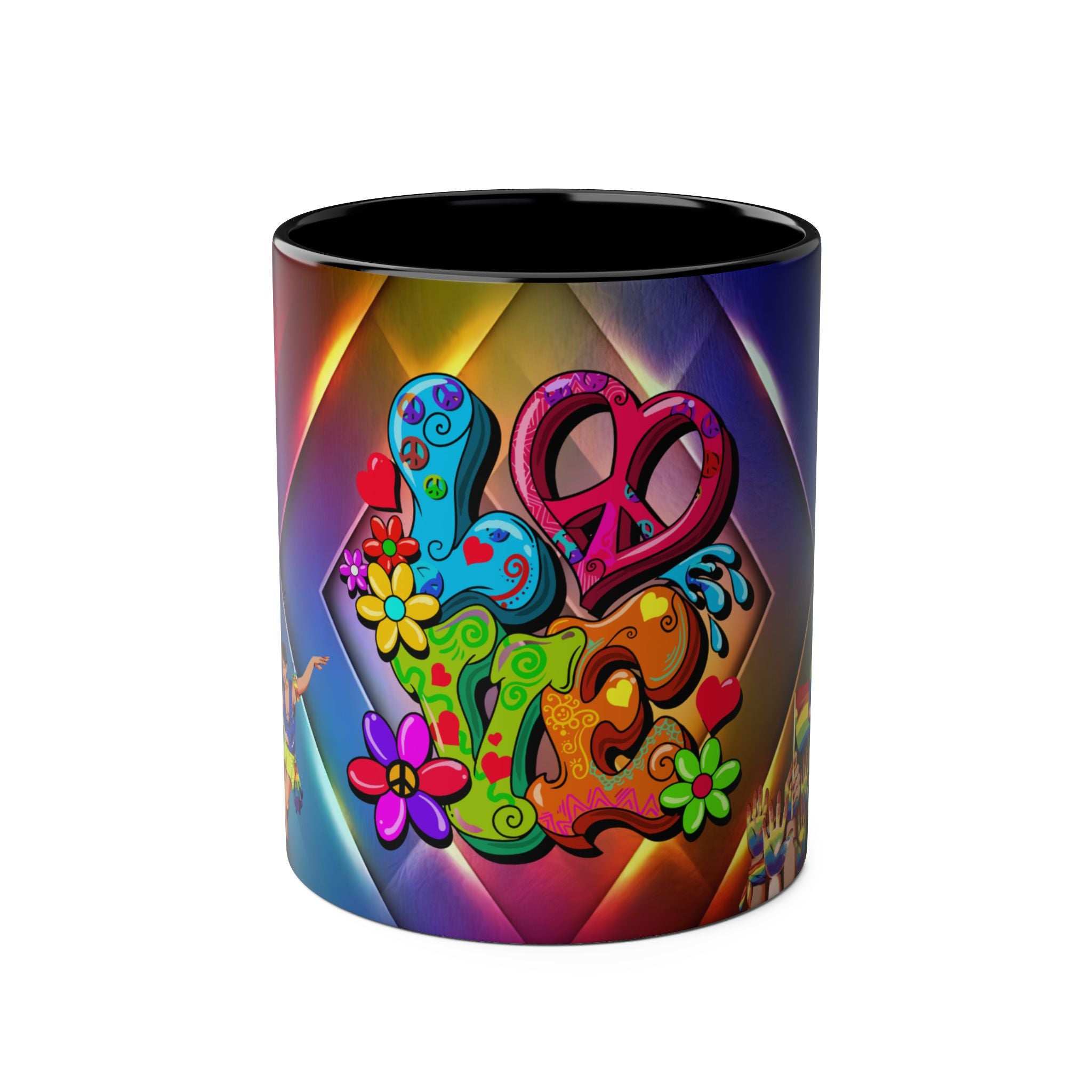 LGBTQ+ Pride Mug with vibrant rainbow design, ceramic, 11oz, glossy finish.