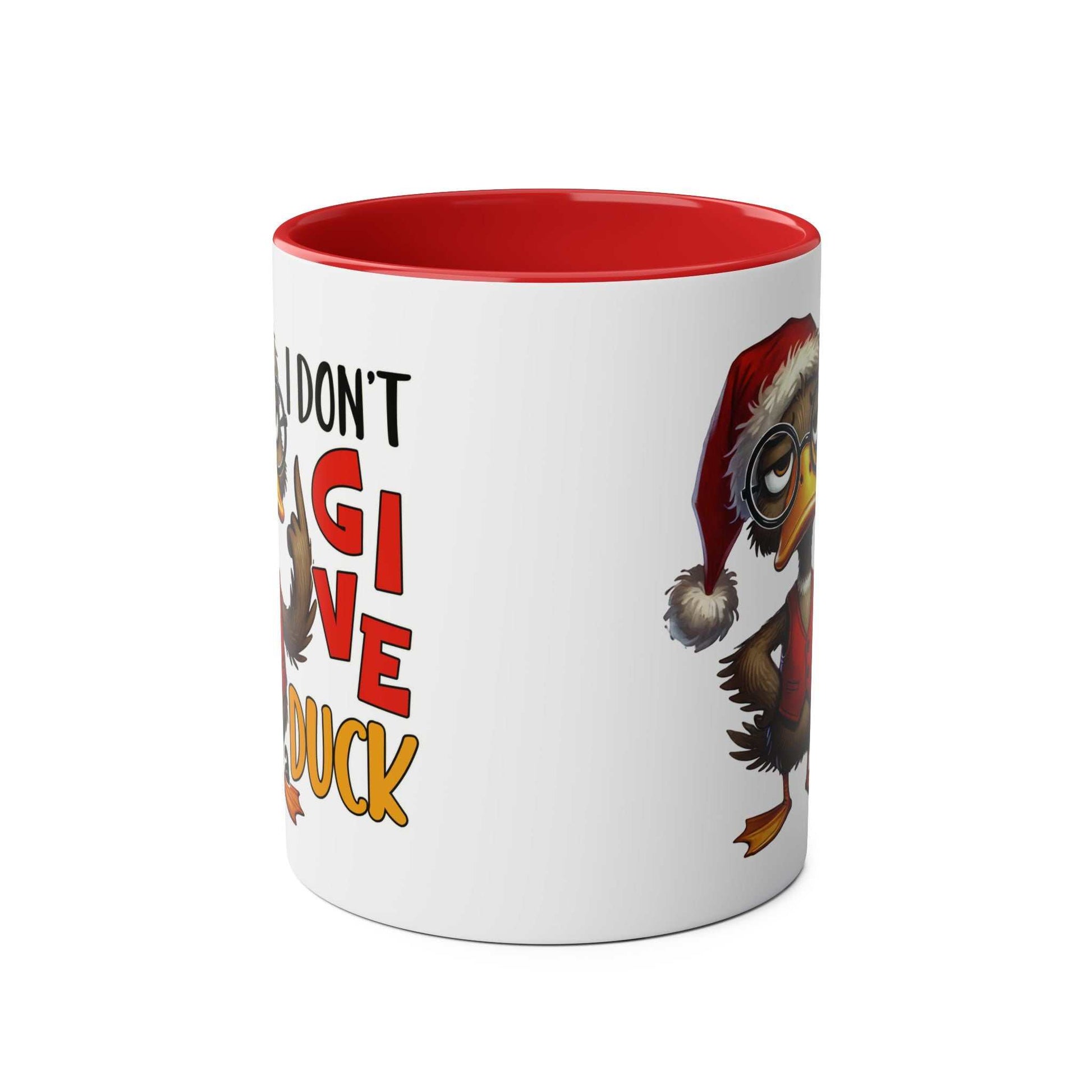 Sarky Christmas Mug with duck design and humorous text, 11oz ceramic with glossy finish.