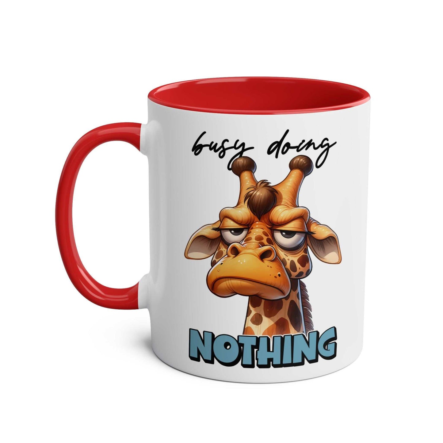 Funny giraffe design coffee mug with "busy doing nothing" text, 11oz ceramic, red handle.