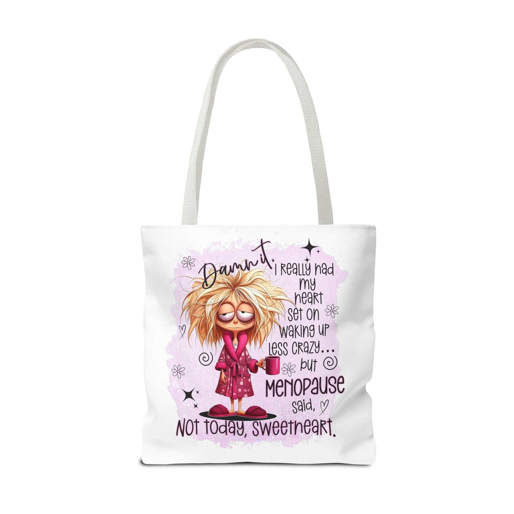 Cheeky menopause humour tote bag with colorful handles, available in three sizes, durable and reusable polyester design for everyday use.